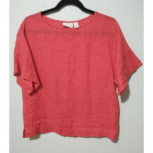 Chico's Tops - Chico's Cropped Linen Shirt Boxy Cut Red Natural Size Small